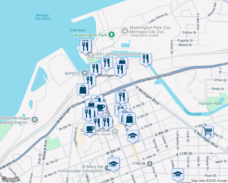 map of restaurants, bars, coffee shops, grocery stores, and more near 198 East Michigan Boulevard in Michigan City