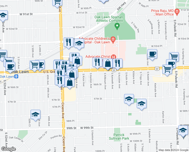 map of restaurants, bars, coffee shops, grocery stores, and more near 9510 Kolmar Avenue in Oak Lawn