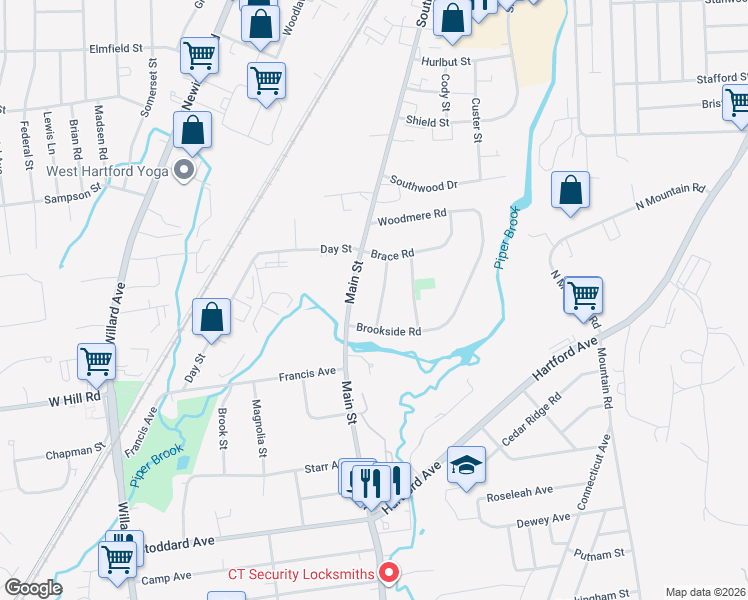 map of restaurants, bars, coffee shops, grocery stores, and more near 41 Sunnyside Road in Newington