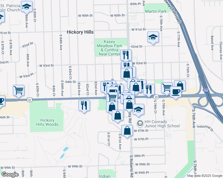 map of restaurants, bars, coffee shops, grocery stores, and more near 9426 South 81st Avenue in Hickory Hills
