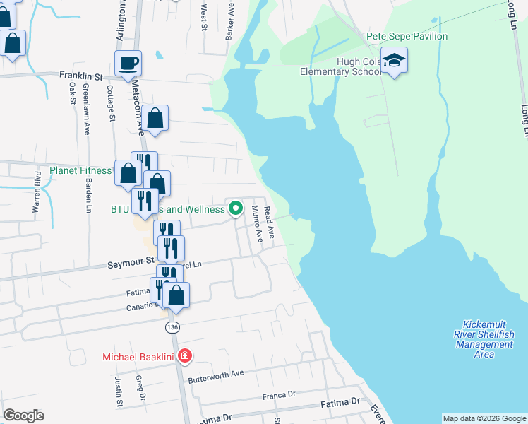 map of restaurants, bars, coffee shops, grocery stores, and more near 10 Read Avenue in Warren