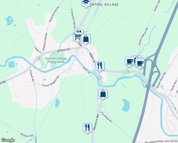 map of restaurants, bars, coffee shops, grocery stores, and more near 58 River Street in Plainfield