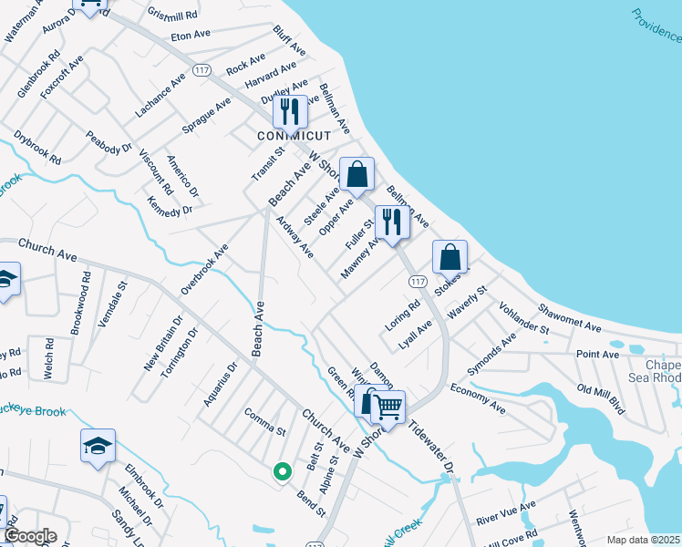 map of restaurants, bars, coffee shops, grocery stores, and more near 81 Mawney Ave in Warwick