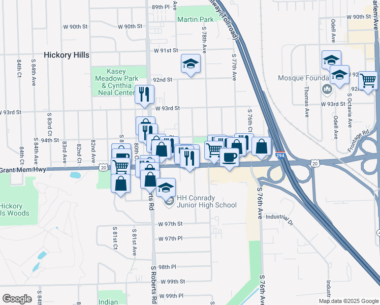 map of restaurants, bars, coffee shops, grocery stores, and more near 9434 South 78th Court in Hickory Hills