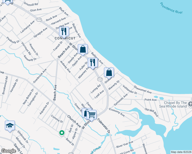 map of restaurants, bars, coffee shops, grocery stores, and more near 971 West Shore Road in Warwick