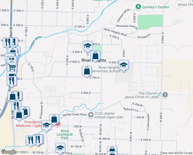 map of restaurants, bars, coffee shops, grocery stores, and more near 691 South 600 East in River Heights