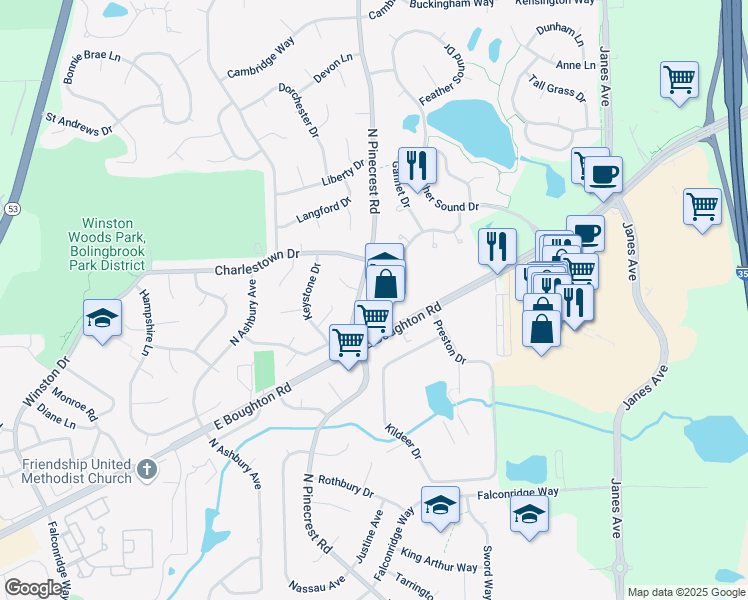 map of restaurants, bars, coffee shops, grocery stores, and more near 612 N Pinecrest Rd in Bolingbrook