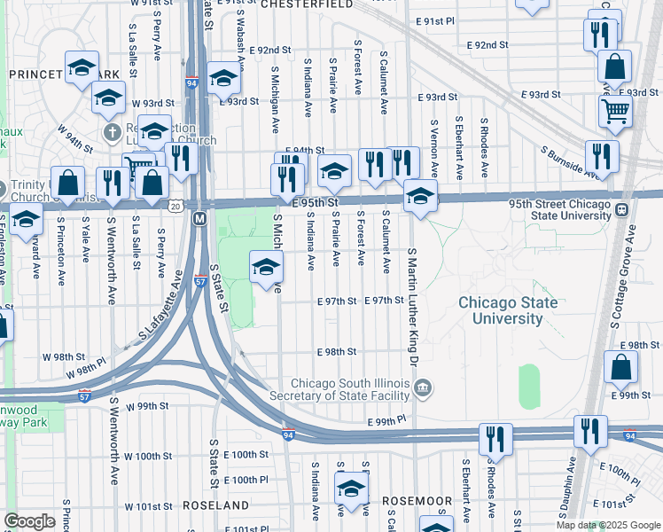 map of restaurants, bars, coffee shops, grocery stores, and more near 9616 South Prairie Avenue in Chicago