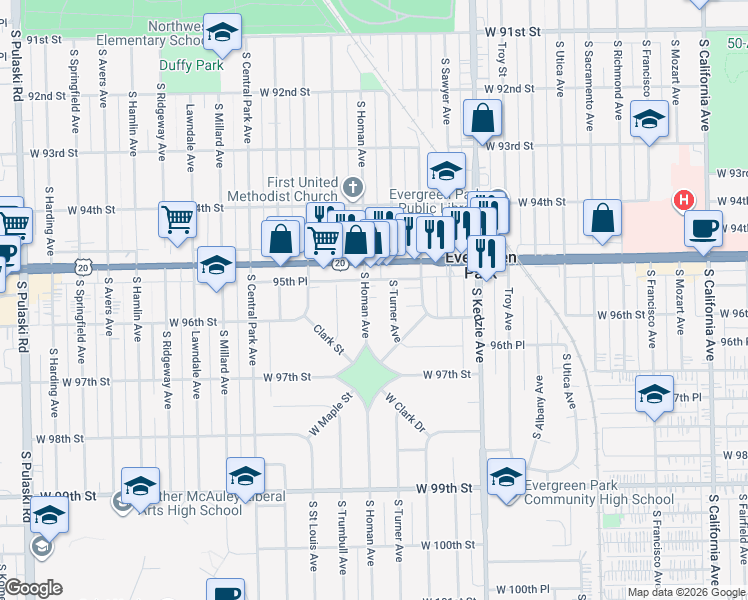 map of restaurants, bars, coffee shops, grocery stores, and more near 9545 South Homan Avenue in Evergreen Park