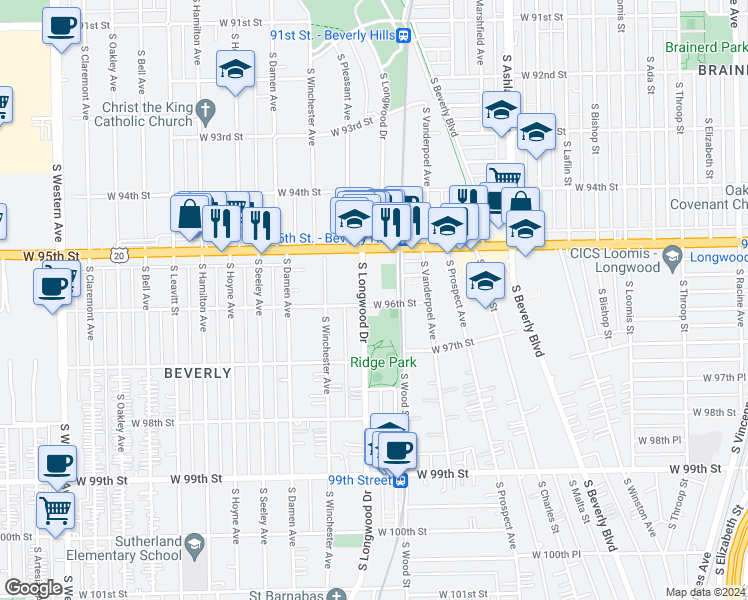 map of restaurants, bars, coffee shops, grocery stores, and more near 9557 South Longwood Drive in Chicago