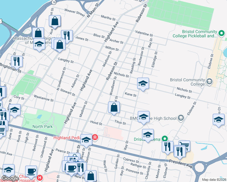 map of restaurants, bars, coffee shops, grocery stores, and more near 269 Woodlawn Street in Fall River
