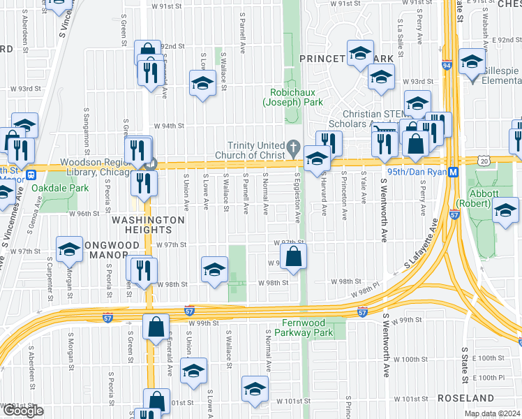 map of restaurants, bars, coffee shops, grocery stores, and more near 9606 South Normal Avenue in Chicago