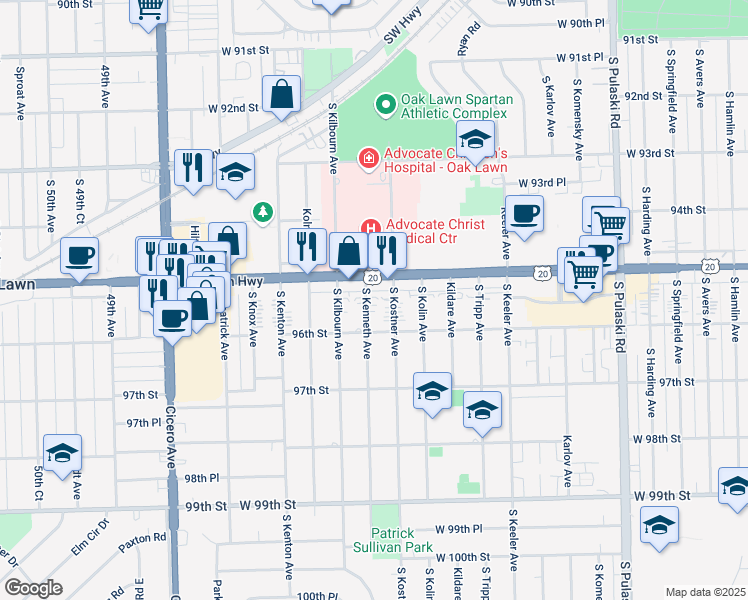map of restaurants, bars, coffee shops, grocery stores, and more near 9515 South Kenneth Avenue in Oak Lawn