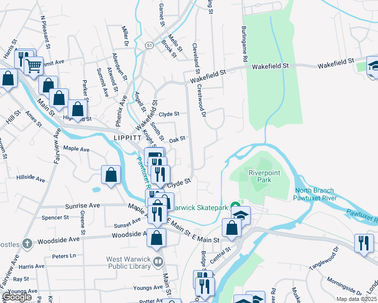 map of restaurants, bars, coffee shops, grocery stores, and more near 38 Clyde Street in West Warwick