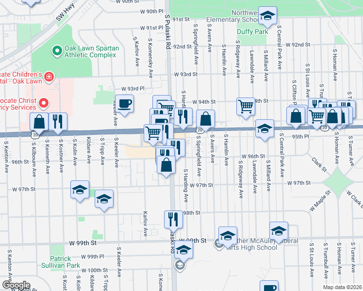 map of restaurants, bars, coffee shops, grocery stores, and more near 9527 South Harding Avenue in Evergreen Park