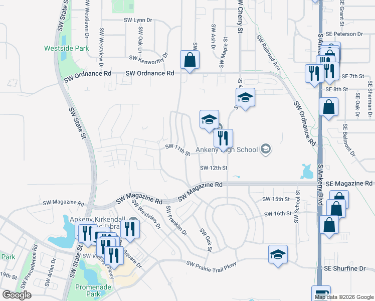 map of restaurants, bars, coffee shops, grocery stores, and more near 1014 Southwest Elm Street in Ankeny