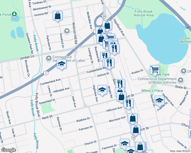 map of restaurants, bars, coffee shops, grocery stores, and more near 100 Lexington Street in Wethersfield