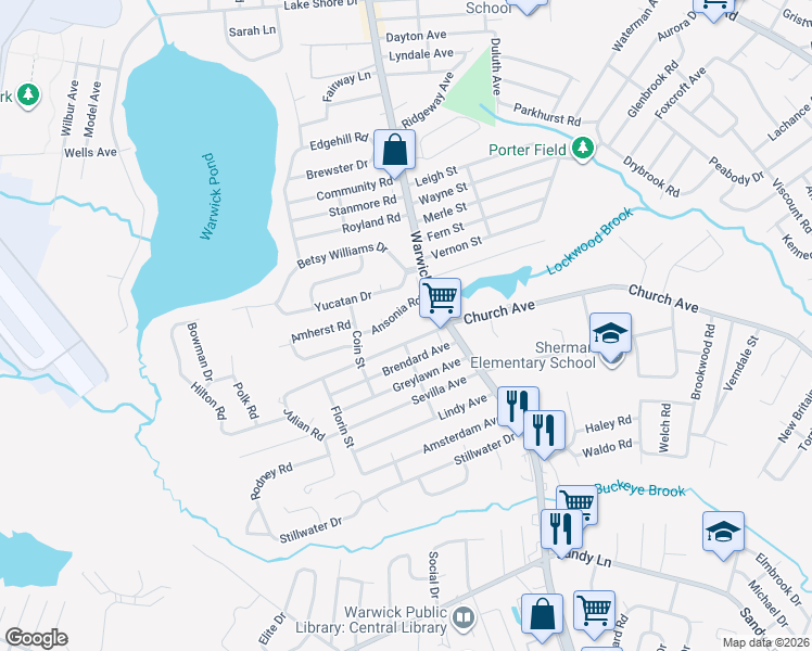 map of restaurants, bars, coffee shops, grocery stores, and more near 40 Ansonia Road in Warwick