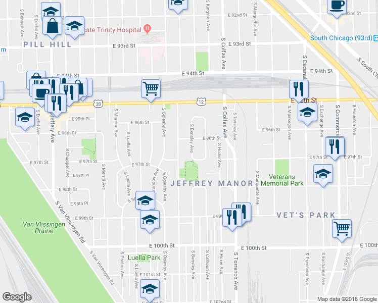 map of restaurants, bars, coffee shops, grocery stores, and more near 9624 South Bensley Avenue in Chicago