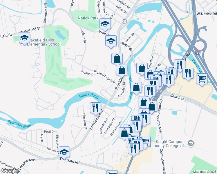 map of restaurants, bars, coffee shops, grocery stores, and more near 11 Bowen Court in West Warwick