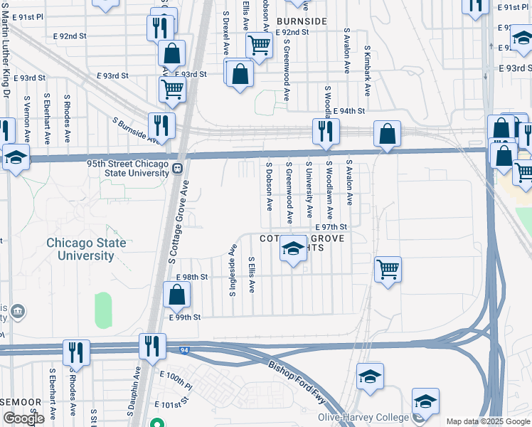 map of restaurants, bars, coffee shops, grocery stores, and more near 9624 South Dobson Avenue in Chicago