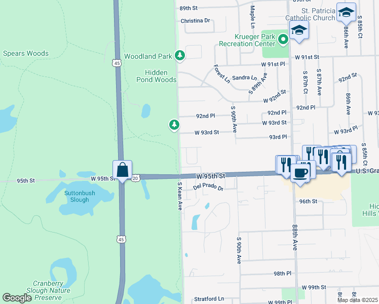 map of restaurants, bars, coffee shops, grocery stores, and more near 9403 Saratoga Court in Hickory Hills