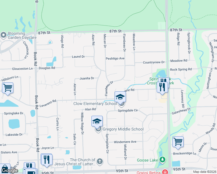 map of restaurants, bars, coffee shops, grocery stores, and more near 2430 Flambeau Drive in Naperville