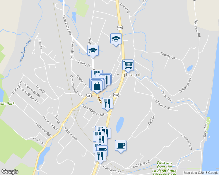 map of restaurants, bars, coffee shops, grocery stores, and more near 46 Vineyard Avenue in Highland
