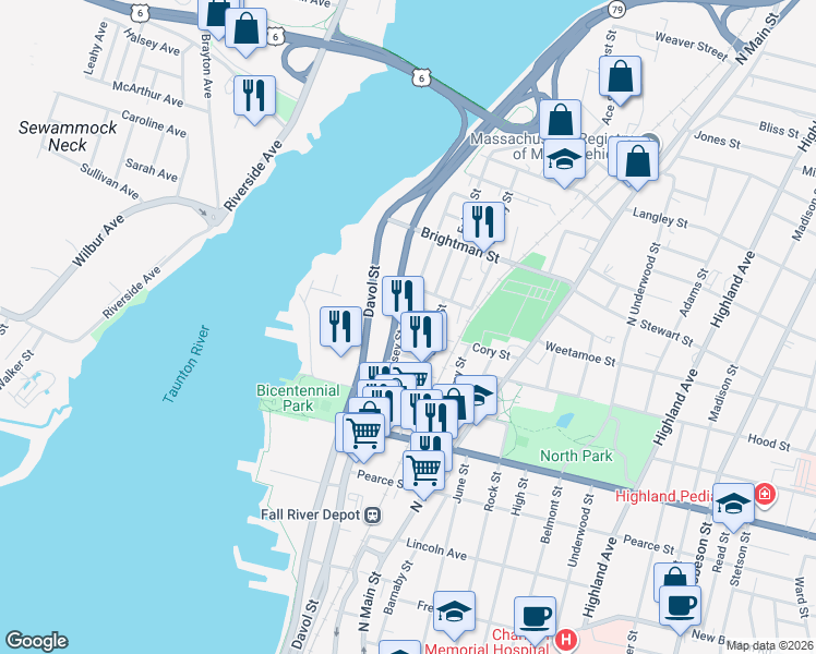 map of restaurants, bars, coffee shops, grocery stores, and more near 84 Cory Street in Fall River