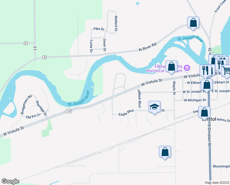 map of restaurants, bars, coffee shops, grocery stores, and more near 21 Shore Manor Court in Bristol