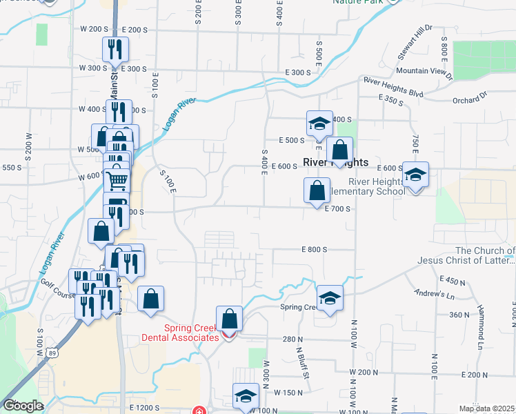 map of restaurants, bars, coffee shops, grocery stores, and more near 384 East 700 South in River Heights