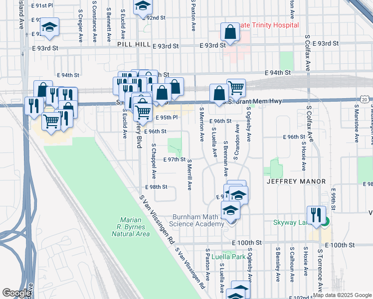 map of restaurants, bars, coffee shops, grocery stores, and more near 9636 South Merrill Avenue in Chicago