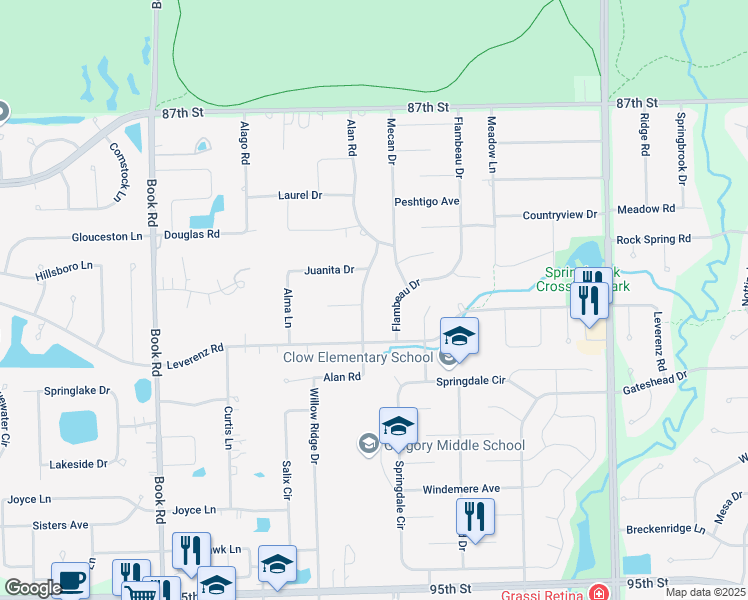 map of restaurants, bars, coffee shops, grocery stores, and more near 10S287 Alan Road in Naperville