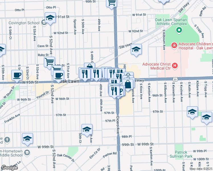 map of restaurants, bars, coffee shops, grocery stores, and more near 9516 Lacrosse Avenue in Oak Lawn