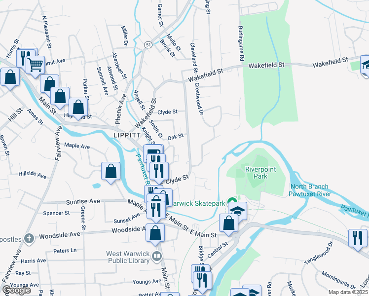 map of restaurants, bars, coffee shops, grocery stores, and more near 38 Clyde Street in West Warwick