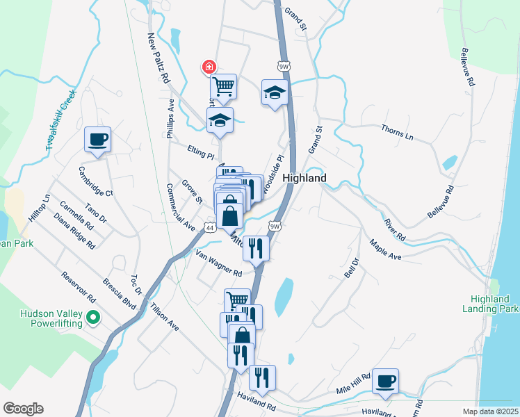 map of restaurants, bars, coffee shops, grocery stores, and more near 50-54 Vineyard Avenue in Highland