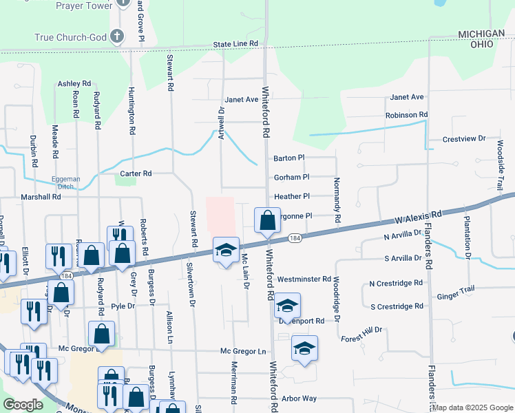 map of restaurants, bars, coffee shops, grocery stores, and more near 5757 Whiteford Road in Sylvania
