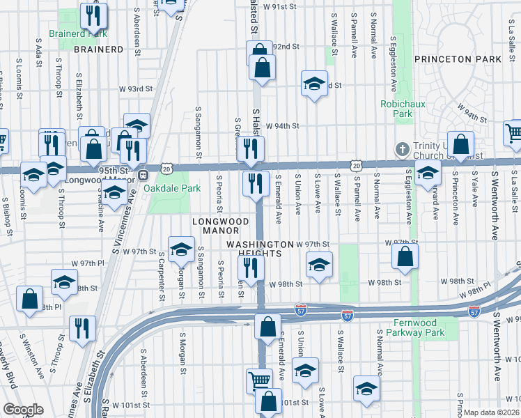 map of restaurants, bars, coffee shops, grocery stores, and more near 9562 South Halsted Street in Chicago