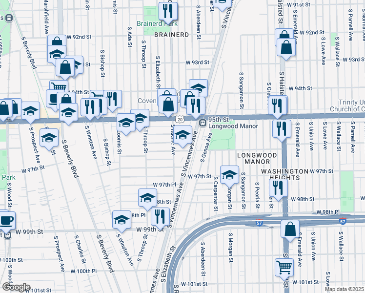 map of restaurants, bars, coffee shops, grocery stores, and more near 1150 West 96th Street in Chicago