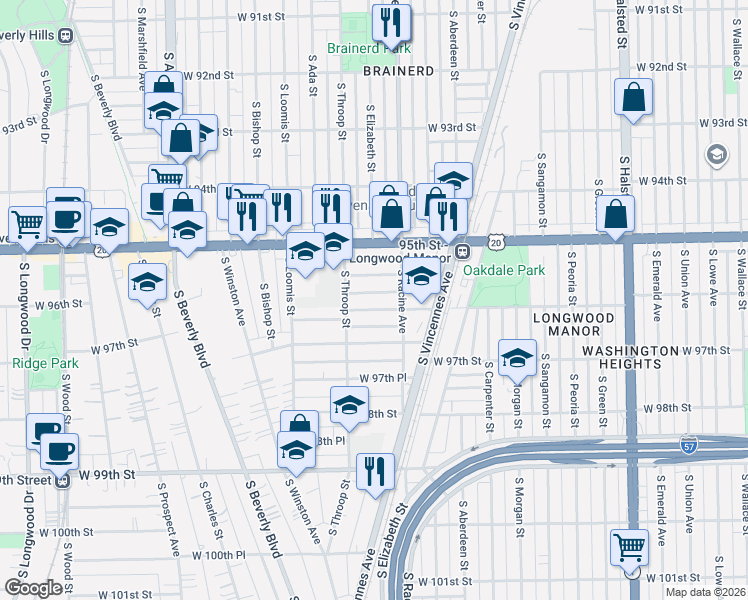 map of restaurants, bars, coffee shops, grocery stores, and more near 1224 West 96th Street in Chicago