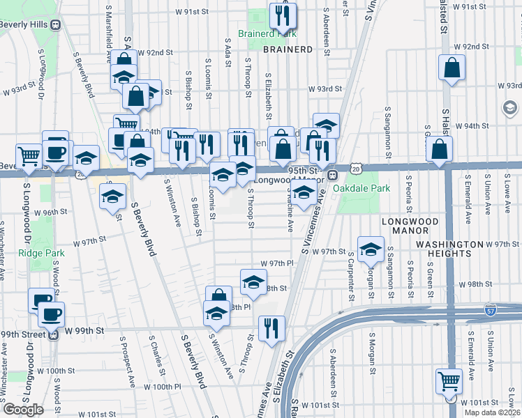 map of restaurants, bars, coffee shops, grocery stores, and more near 1224 West 96th Street in Chicago