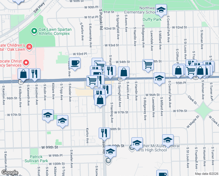 map of restaurants, bars, coffee shops, grocery stores, and more near 9527 South Harding Avenue in Evergreen Park