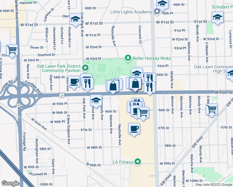 map of restaurants, bars, coffee shops, grocery stores, and more near in Chicago Ridge