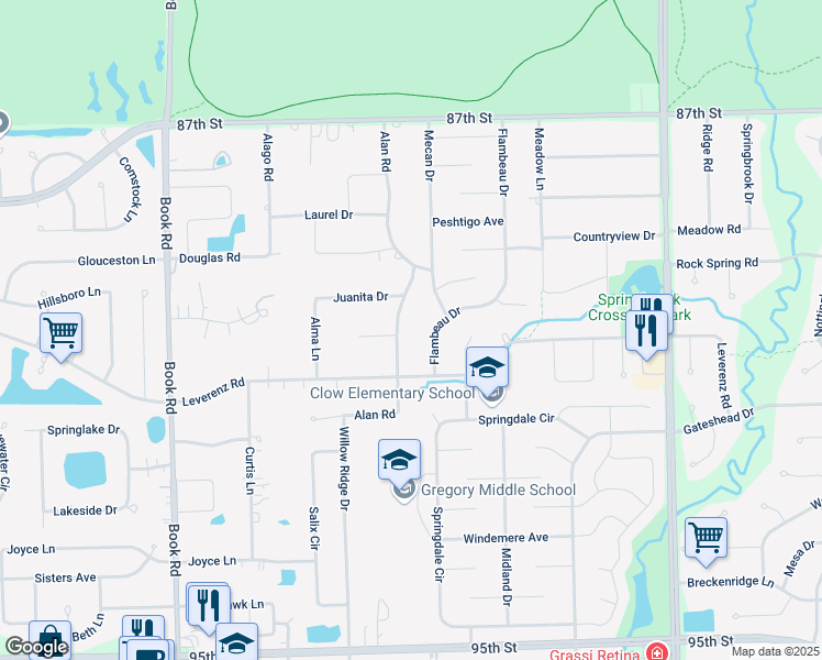 map of restaurants, bars, coffee shops, grocery stores, and more near 10S287 Alan Road in Naperville