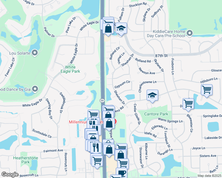 map of restaurants, bars, coffee shops, grocery stores, and more near 2459 Sheehan Drive in Naperville