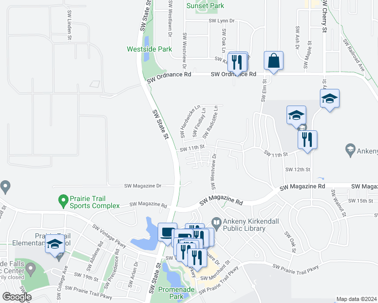 map of restaurants, bars, coffee shops, grocery stores, and more near 1201 Southwest State Street in Ankeny