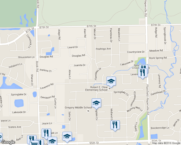 map of restaurants, bars, coffee shops, grocery stores, and more near 10S287 Alan Road in Naperville