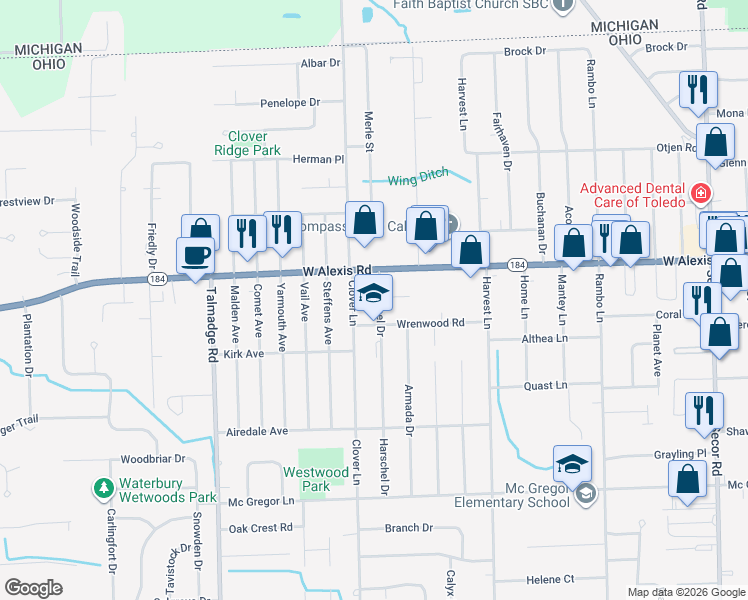 map of restaurants, bars, coffee shops, grocery stores, and more near 5743 Harschel Drive in Toledo