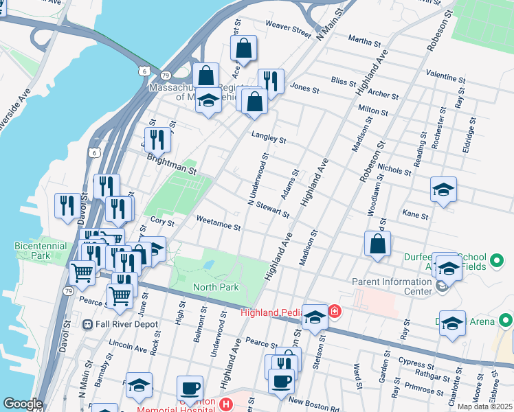 map of restaurants, bars, coffee shops, grocery stores, and more near 165 Stewart Street in Fall River