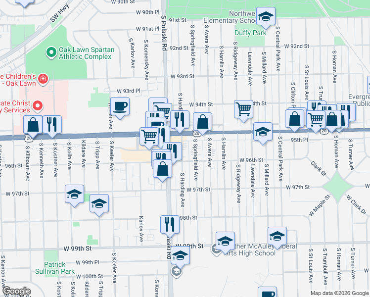 map of restaurants, bars, coffee shops, grocery stores, and more near 9527 South Harding Avenue in Evergreen Park